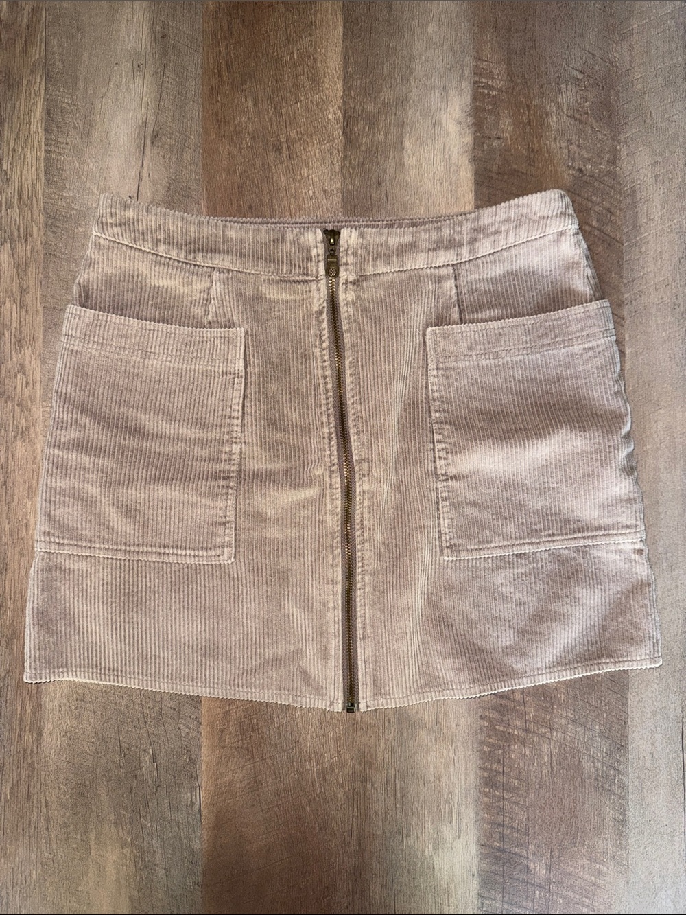 She & Sky Corduroy Front-Zip Pocket Mini Skirt in Taupe Large